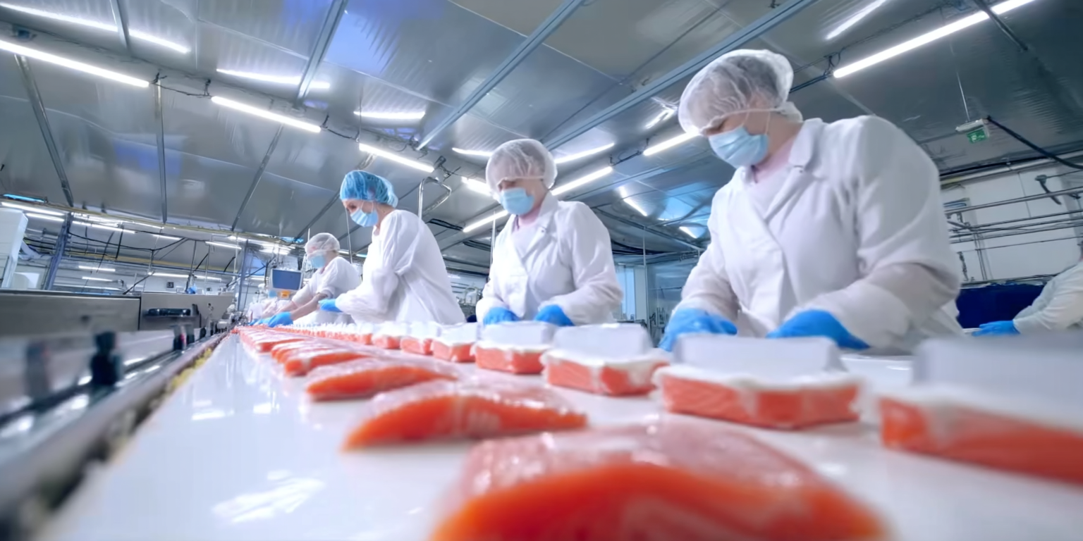Workers in a salmon processing plant