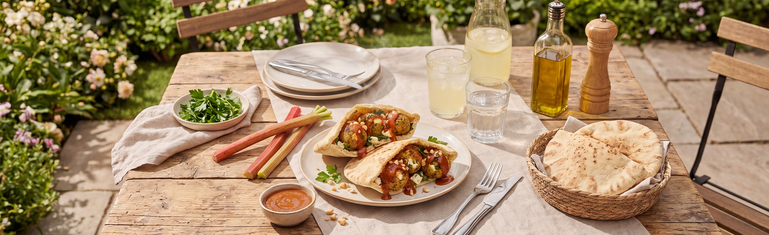 Gegrillte Falafel mit Rhabarber-Erdnuss-Sauce, Fetakäse in Pitataschen