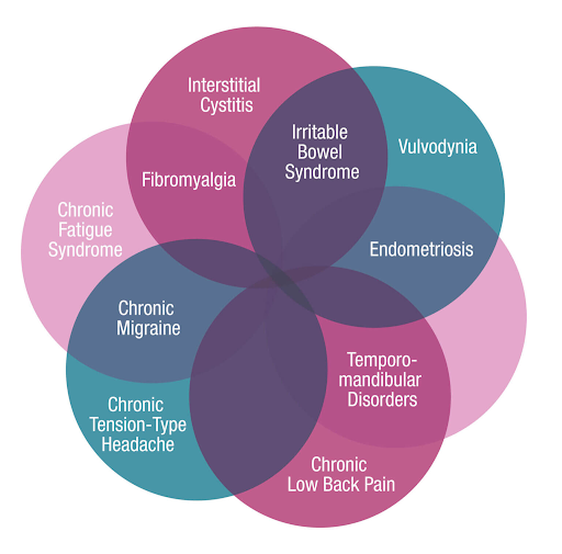 Venn diagram showing overlap of chronic pain conditions including interstitial cystitis, fibromyalgia, irritable bowel syndrome, vulvodynia, endometriosis, temporomandibular disorders, chronic low back pain, chronic migraine, chronic tension-type headache, and chronic fatigue syndrome.