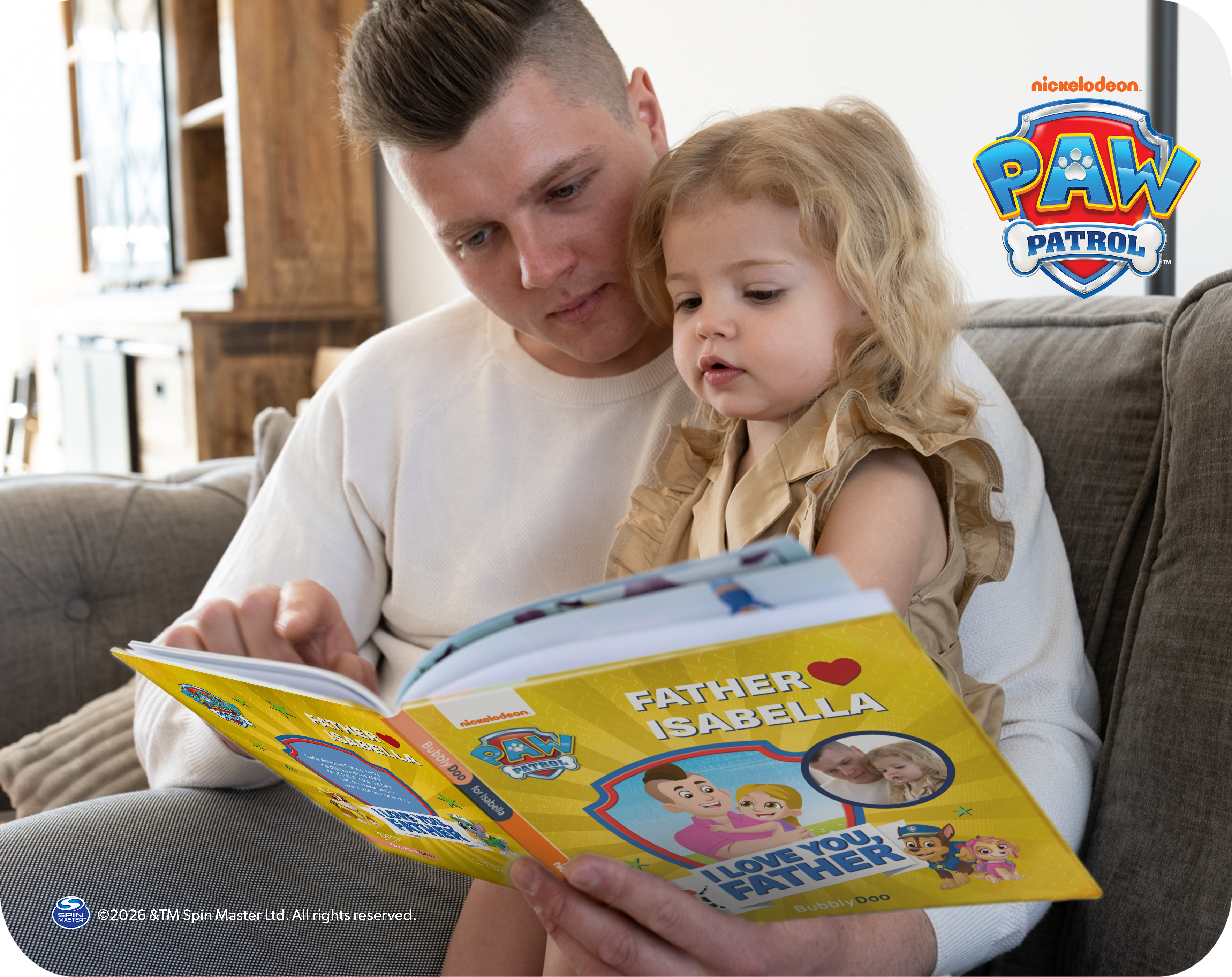 Dad, child, and the PAW Patrol together in this book!