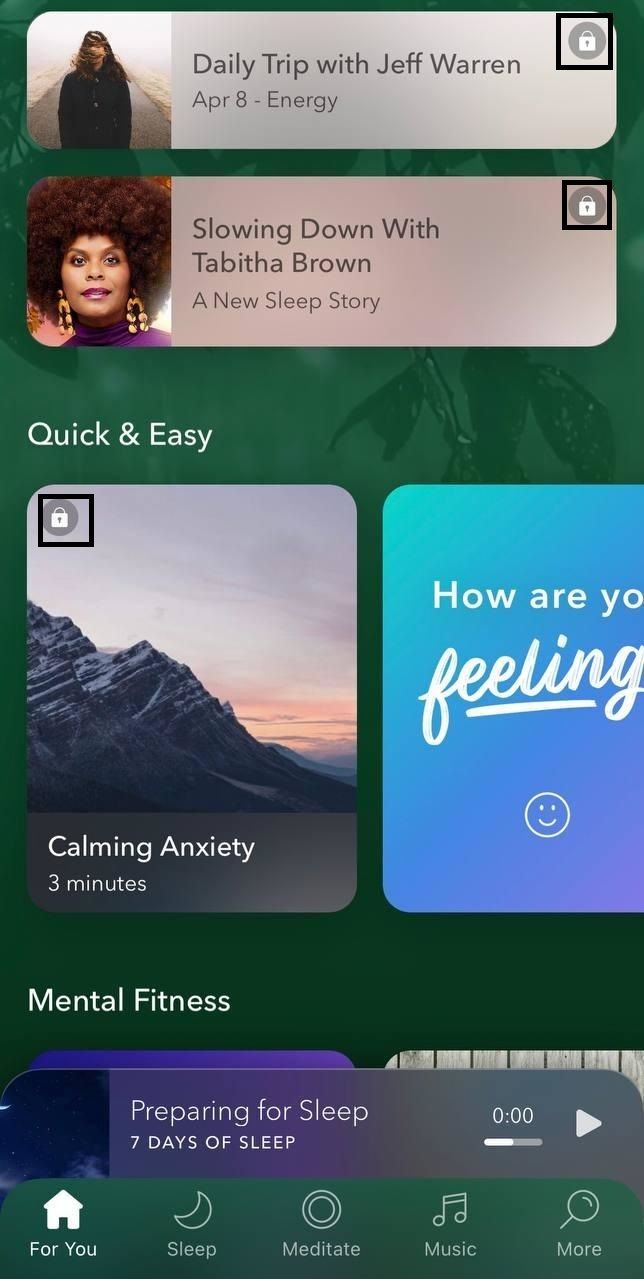 Guided meditations practice is a big part of Calm’s mindfulness exercises that includes breathing exercises, anxiety relief, mood control, and other self care meditations based on guided sessions (*image by [Calm App](https://www.calm.com/){ rel="nofollow" target="_blank" .default-md}*)