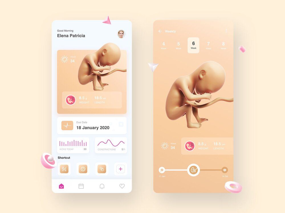 A mobile healthcare app for women health can include pregnancy control (*image by [Rudi Hartono](https://dribbble.com/iamruha){ rel="nofollow" target="_blank" .default-md}*)