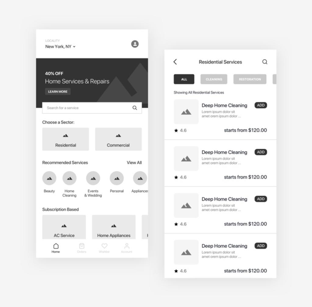 Wireframe example # 2 (*image by [Kishore](https://dribbble.com/elitepixels){ rel="nofollow" .default-md}*)