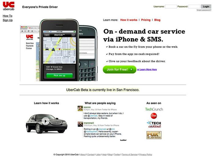 Uber's MVP website after a few iterations