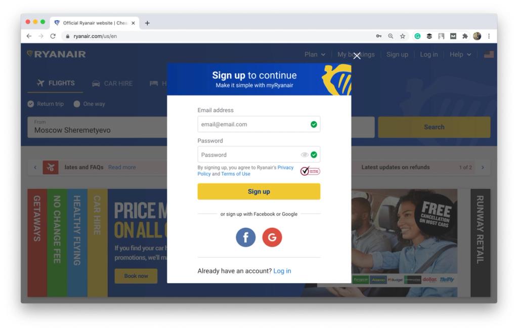 Shot from the Ryanair website