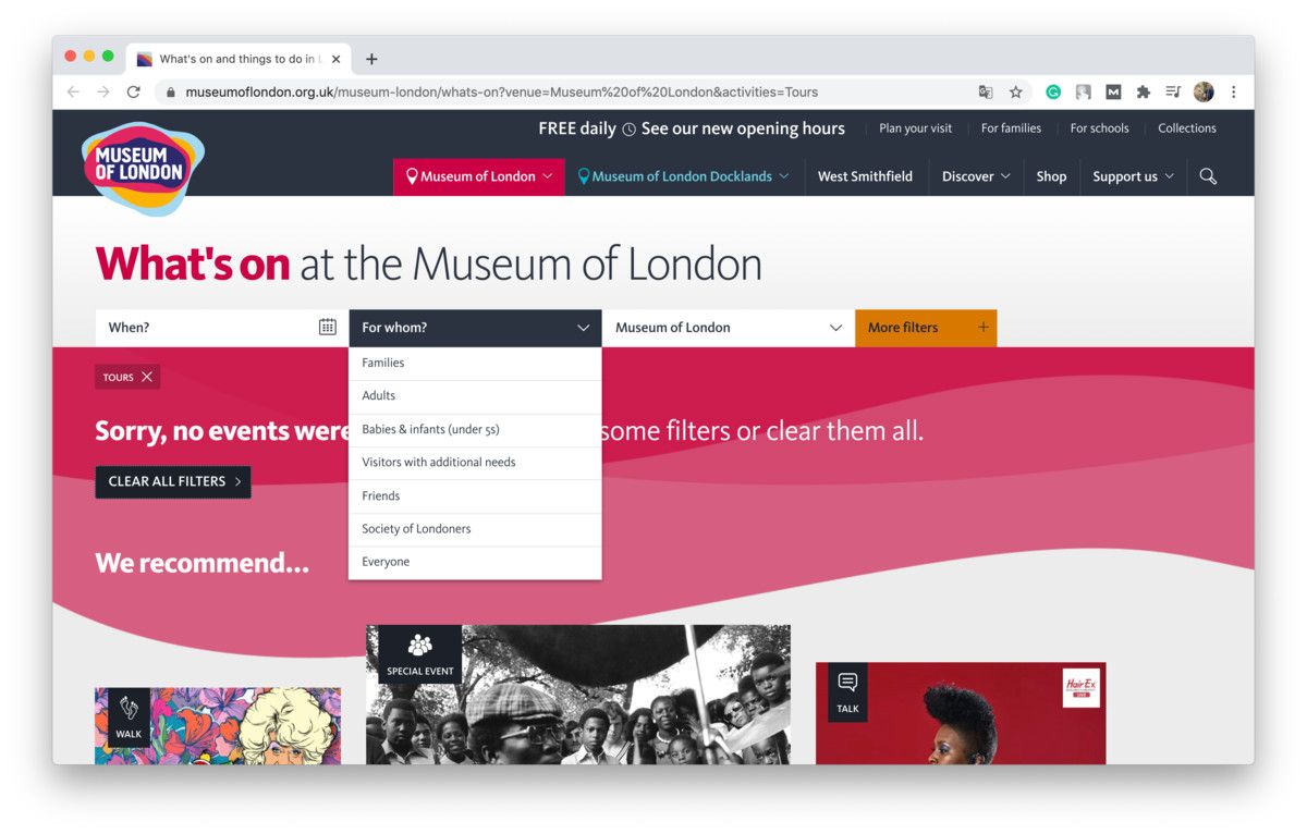 On a museum website, you can place information about tours options &amp; other services (*shots from the [Museum of London](https://www.museumoflondon.org.uk/museum-london){ rel="nofollow" target="_blank" .default-md}*)