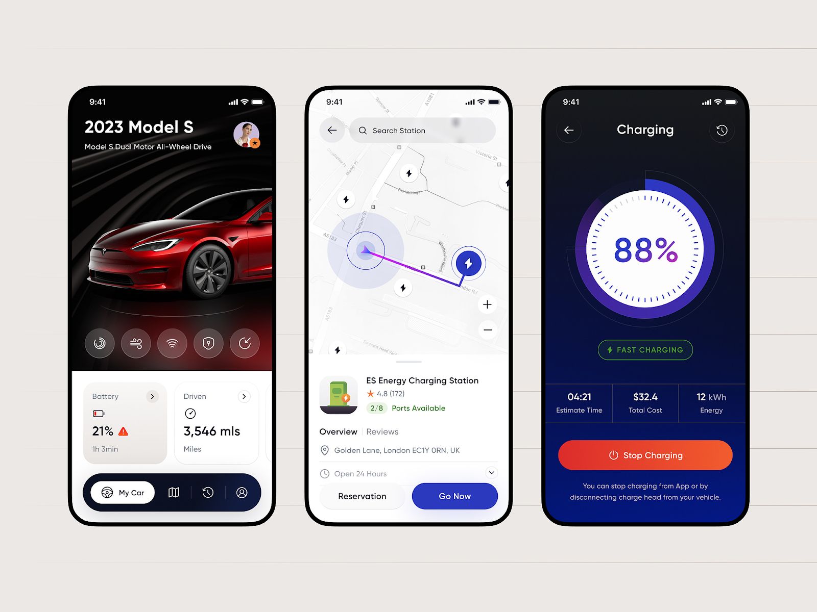 An example of an EV app that empowers users to monitor their car’s performance in real time and easily locate nearby charging stations