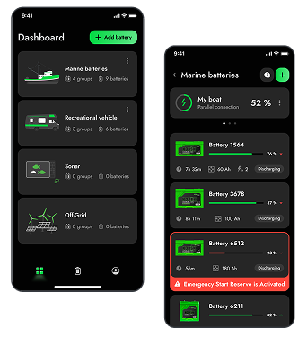 Example of the BLE-connected app for marine batteries monitoring