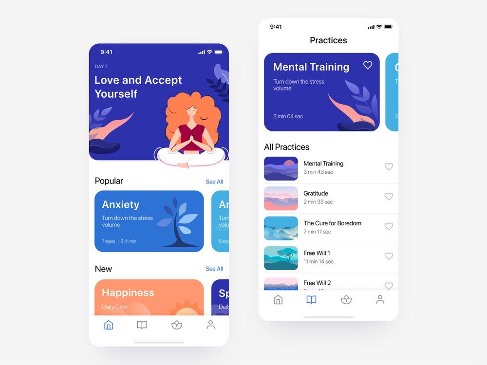 Mental health app development requires high level of security since people with mental health disorders like post traumatic stress disorder, stress and anxiety, or any other mental illness are sensitive to privacy (*image by [Natalia Lebedeva](https://dribbble.com/Natalia_Lebedeva){ rel="nofollow" target="_blank" .default-md}*)