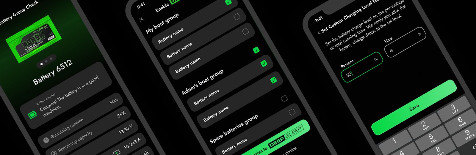 Screenshots of the marine battery management app with key functionalities