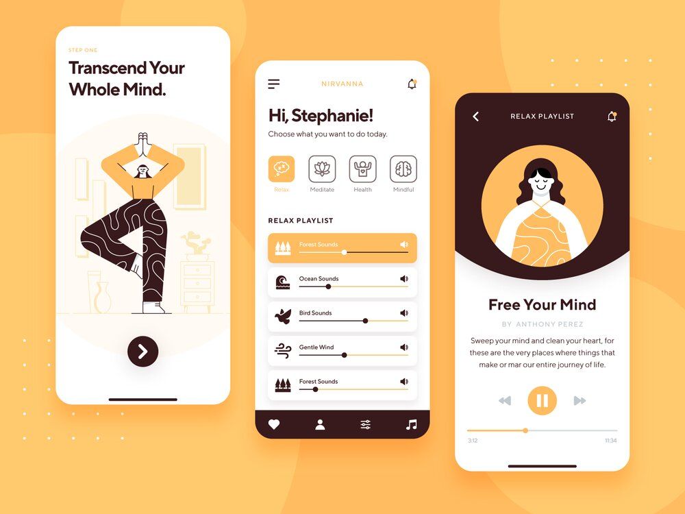To support users’ mental health, you can add meditations to the app (*image by [Samuel Oktavianus](https://dribbble.com/samoctav){ rel="nofollow" target="_blank" .default-md}*)
