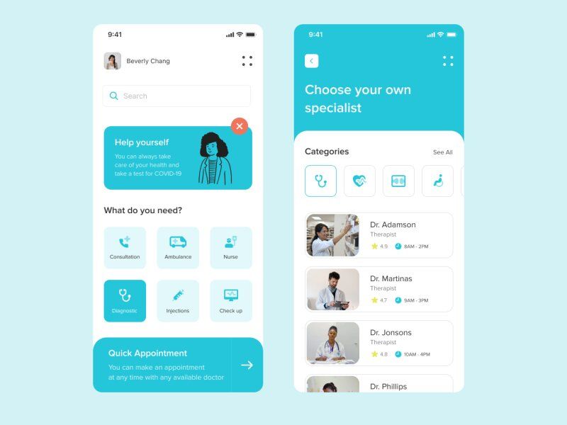 A list of healthcare providers is a necessary part of any telemedicine app (*image by [Rhinoda Team](https://dribbble.com/RhinodaTeam){ rel="nofollow" .default-md}*)