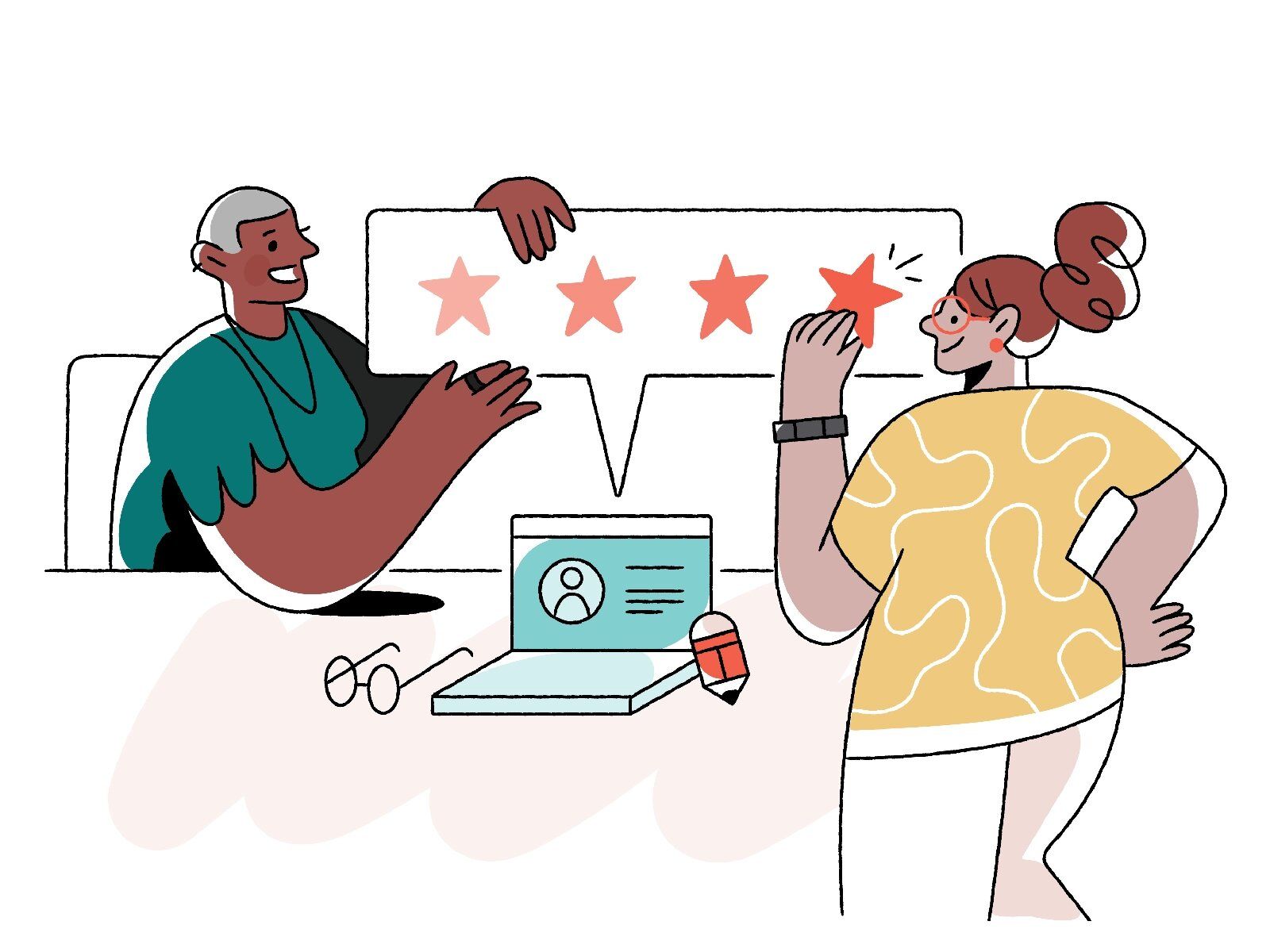 In a review both scrum team members and stakeholders are taking a closer look at what was already achieved during the previous sprint (*image by [Amanda ☻rtiz](https://dribbble.com/AmandaOrtiz){ rel="nofollow" target="_blank" .default-md}*)