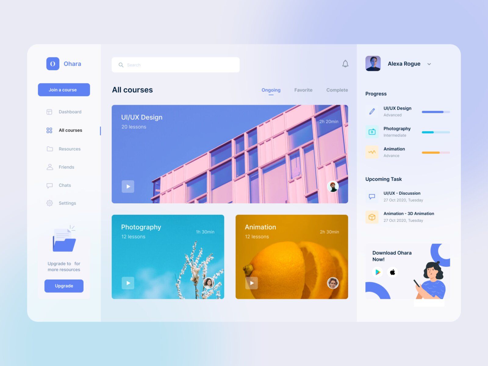 Course list with titles (*image by [Douglas Ramos](https://dribbble.com/dramos){ rel="nofollow" .default-md}*)