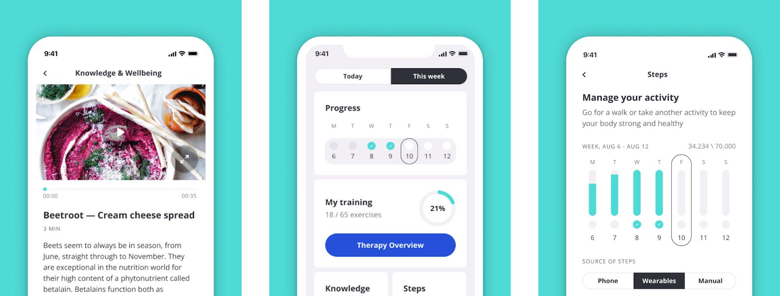 Screenshots of the Caspar Health app showcasing tracking physical activity and monitor diet functionality