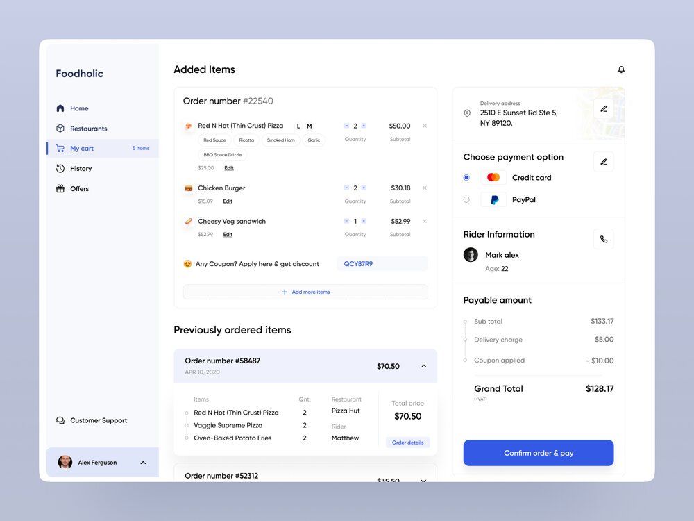 The order screen with extra features like “Previous orders” (*image by [Arafat Ahmed Chowdhury](https://dribbble.com/ArafatNayeem){ rel="nofollow" target="_blank" .default-md}*)