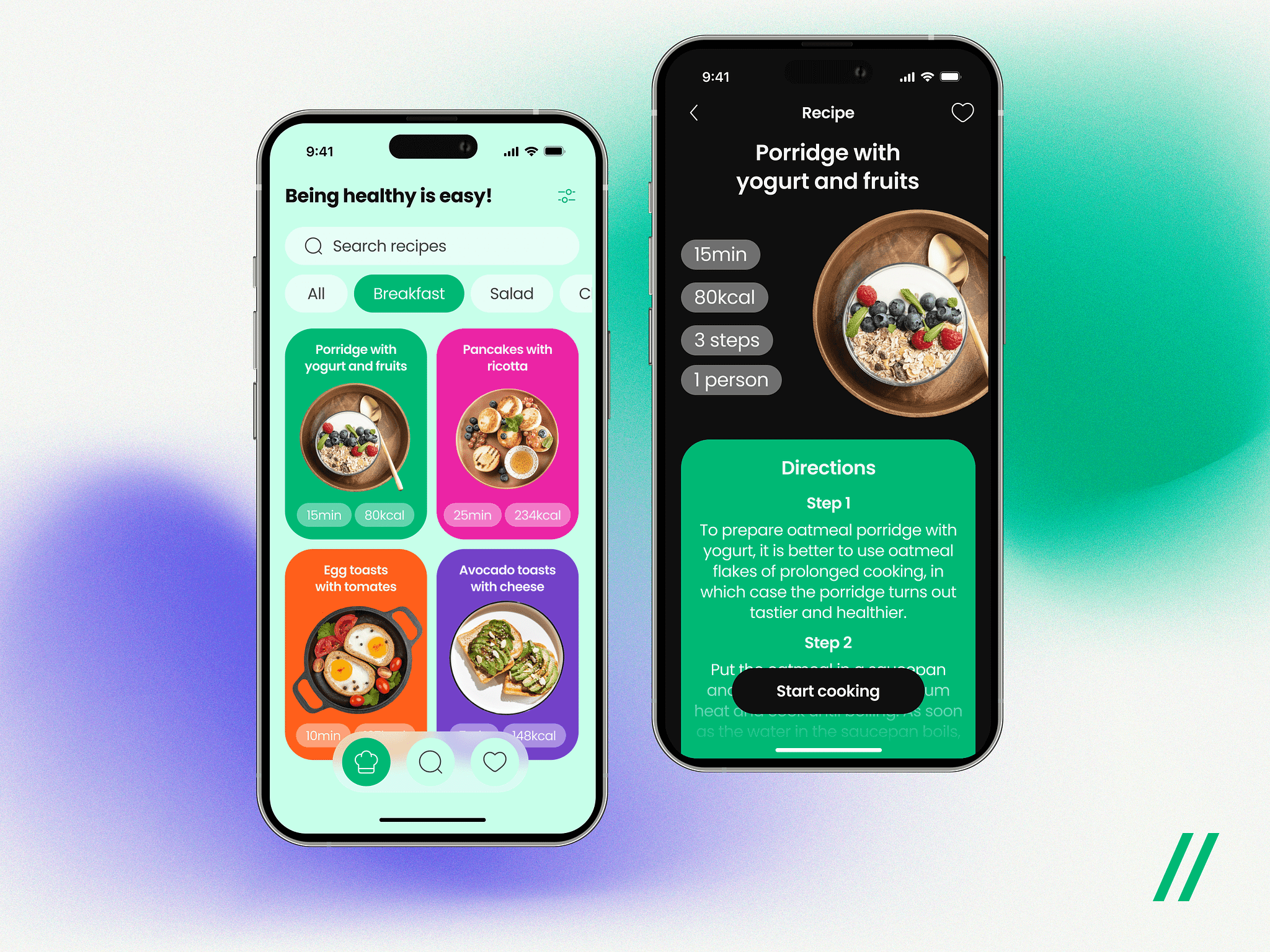 An example of a healthy recipe app that encourages users to eat healthy food by providing a variety of delicious recipes to diversify their daily menu.