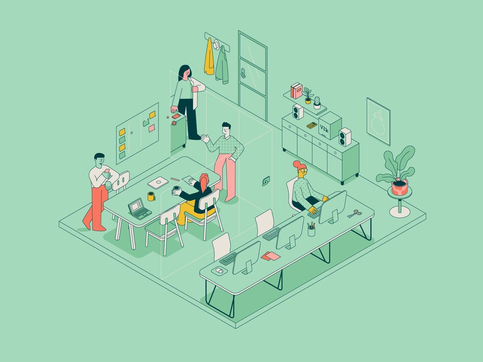 For the productive software development process, it’s essential to create a friendly atmosphere (*image by [Patswerk](https://dribbble.com/Patswerk){ rel="nofollow" target="_blank" .default-md}*)