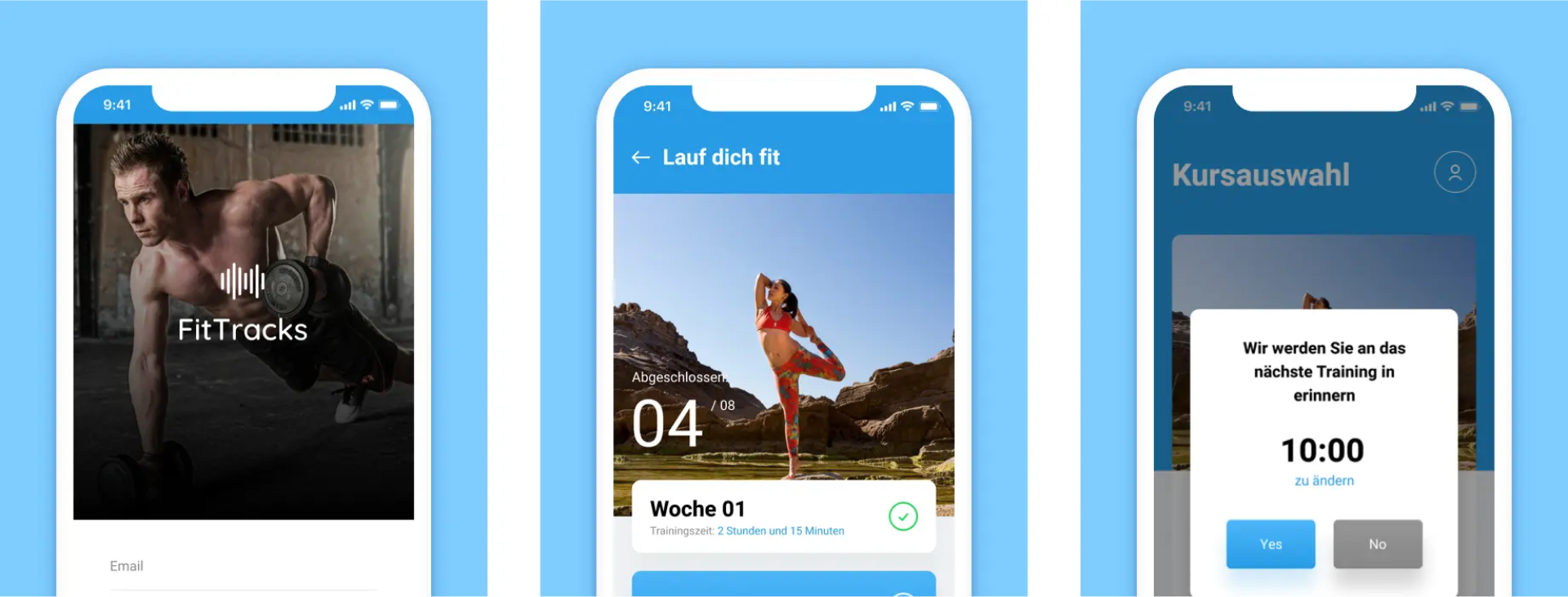 Screenshots of the FitTracks app