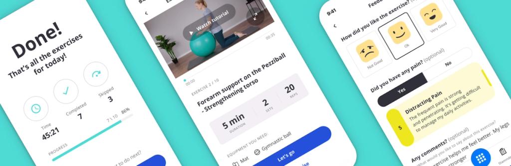 Screenshots of the Caspar Health app with rehabilitation tracking functionality