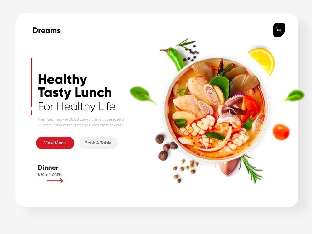 During the food ordering website development, don’t forget to add restaurant description (*image by [Ghulam Rasool 🚀](https://dribbble.com/ghulaam-rasool){ rel="nofollow" target="_blank" .default-md}*)