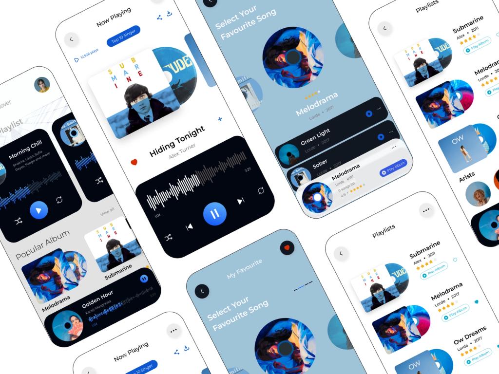 The main thing when creating a design for the music app is to keep a balance and focus on the most important interface elements, such as: buttons, headings, fields to fill, menu items, etc.