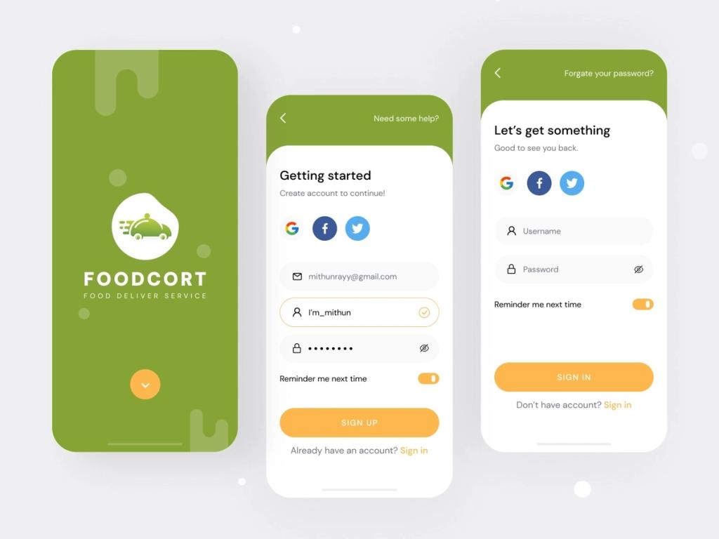 To create a food ordering app, you should include signing up features and personal profile