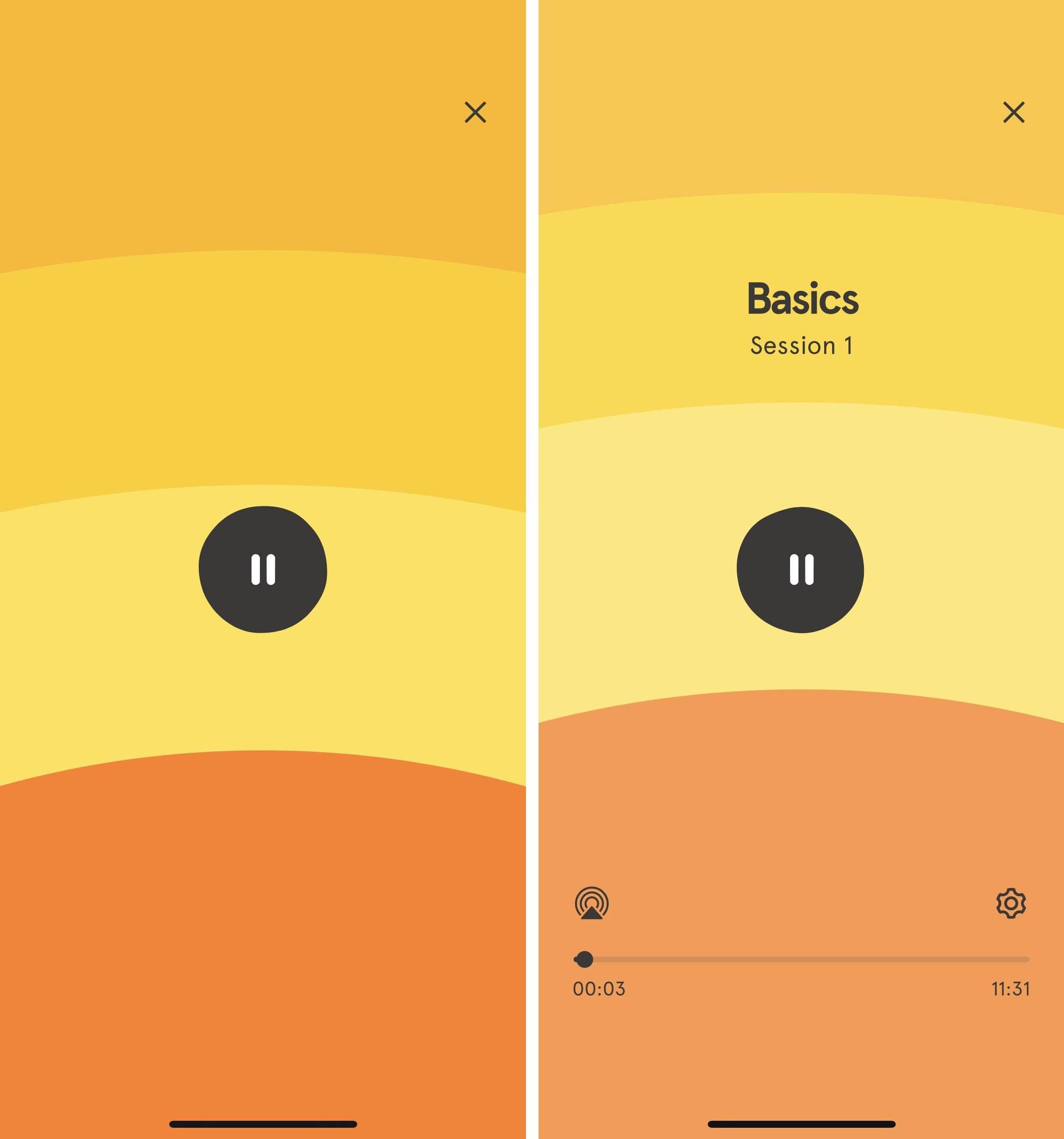 It’s essential for a meditations app to use habitual UX patterns (*shots from [Calm App](https://www.headspace.com/){ rel="nofollow" target="_blank" .default-md}*)
