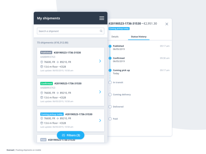 A great example of Shipment Details Screen in the transportation mobile app (*image by [Gauthier Casanova](https://dribbble.com/gauthiercasanova){ rel="nofollow" .default-md}*)