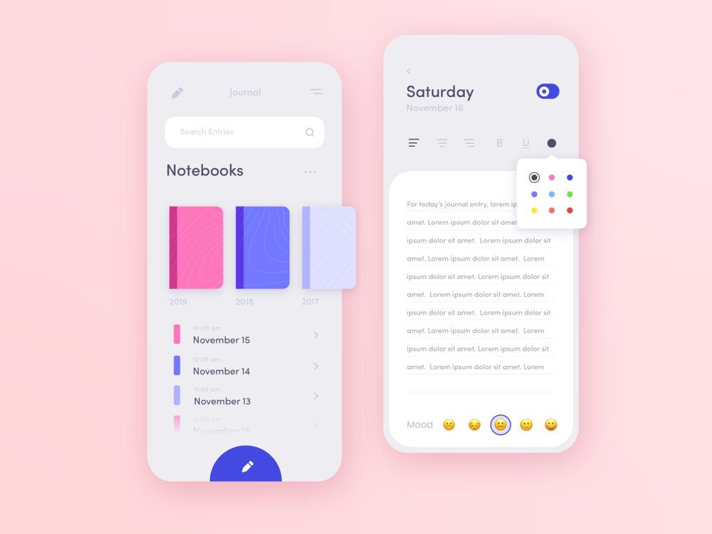 A mental health mobile app should have a thought diary feature for users to splash out emotions and thoughts (*image by [Andrea Eppy](https://dribbble.com/andreaeppy){ rel="nofollow" target="_blank" .default-md}*)