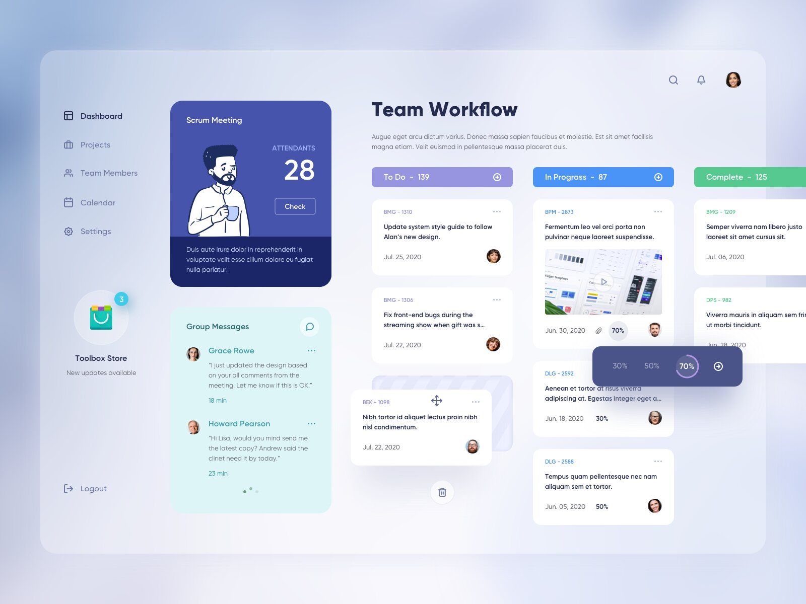 If you want to develop a project management app as a task manager for team members or project managers, you should think about whether you want to integrate it with the existing software project (*image by [Yi Li](https://dribbble.com/coreyliyi){ rel="nofollow" target="_blank" .default-md}*)