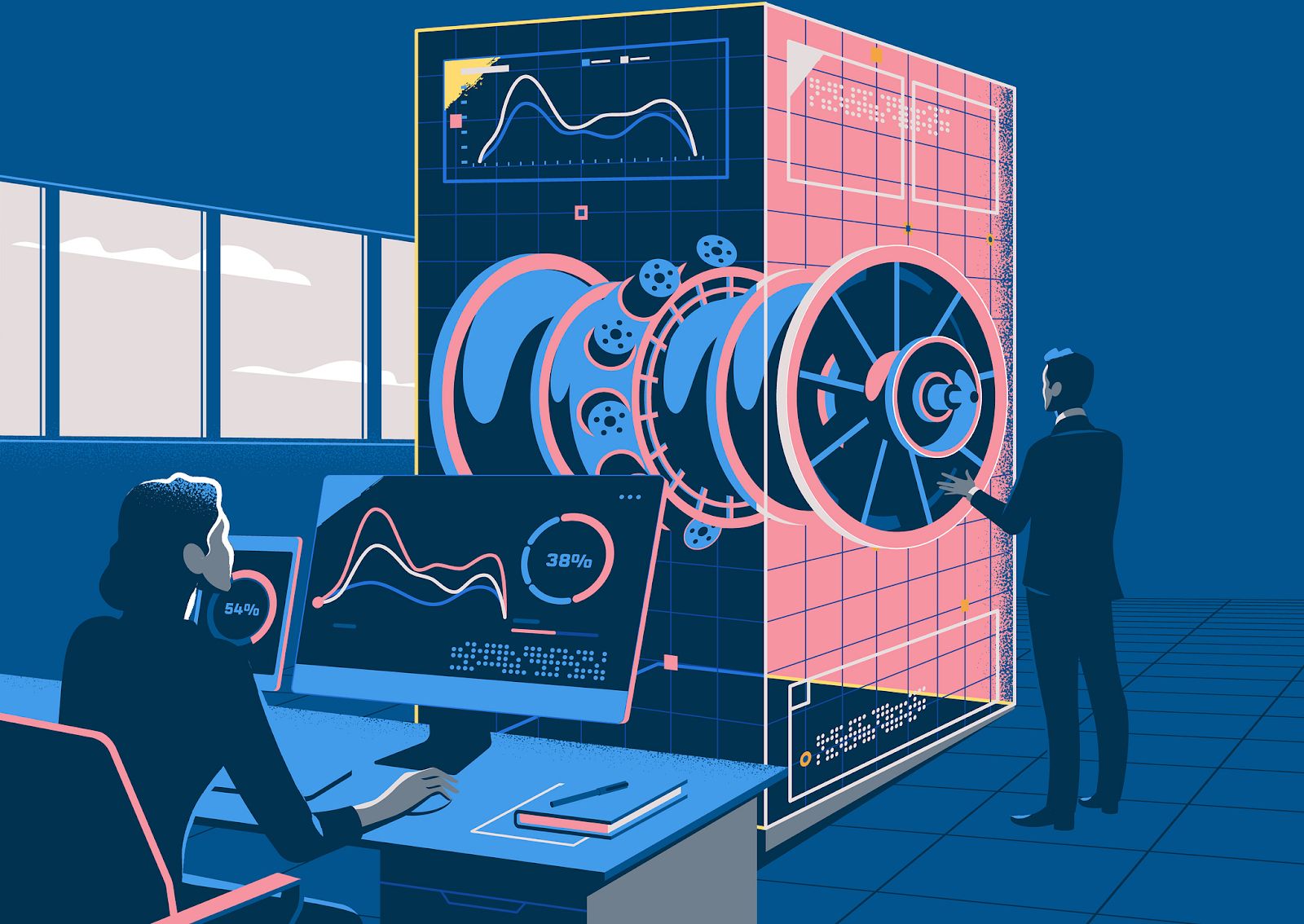 The image illustrates the use of the Internet of Things in manufacturing