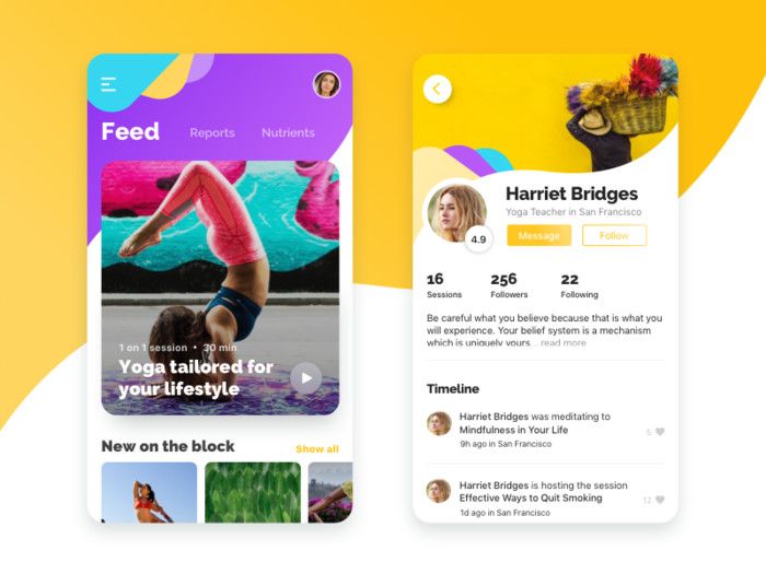Many users expect the option to talk directly to yoga coaches, so provide them with it! (*image by [Andrei Ponivesc](https://dribbble.com/Poni184){ rel="nofollow" .default-md}*)