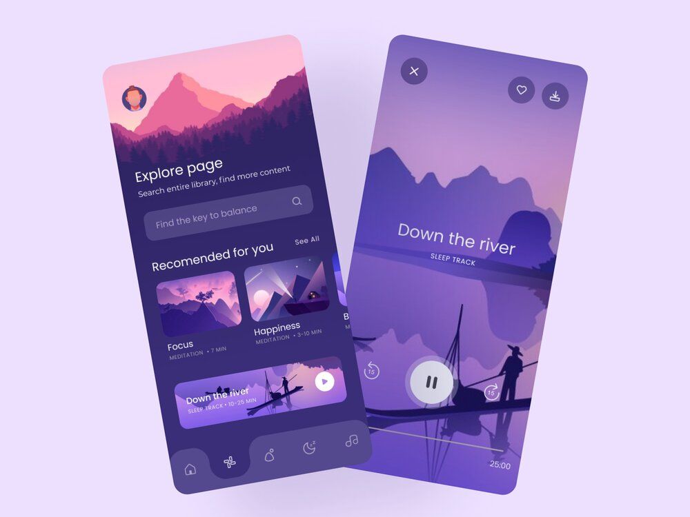 Best meditation apps often have a variety of meditation practice options like guided meditations, nature sounds, bedtime stories, etc. (*image by [QClay](https://dribbble.com/qclay){ rel="nofollow" target="_blank" .default-md}*)