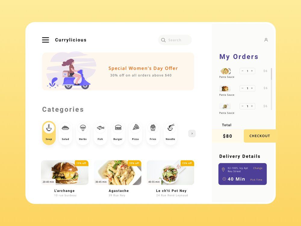 Categories and search bar on food delivery website (*image by [Himanshu Sharma](https://dribbble.com/NorthstarClicks){ rel="nofollow" target="_blank" .default-md}*)