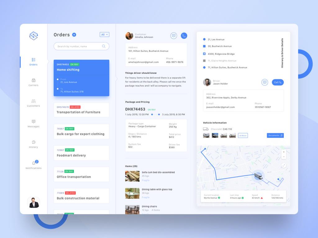 A nicely implemented Order Management Screen in a logistics app