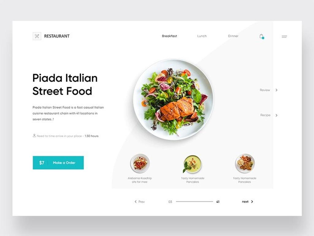 Dish Screen with “Review” and “Recipe” buttons on the website of the Italian restaurant