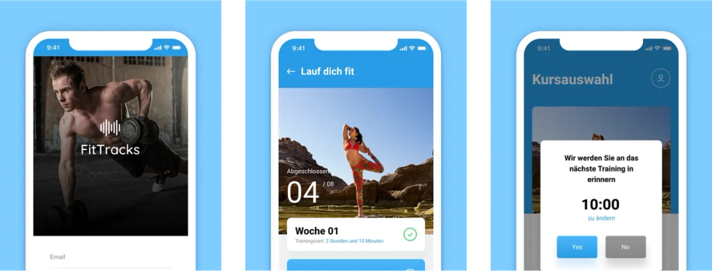 Screenshots of the FitTracks app with main functionality
