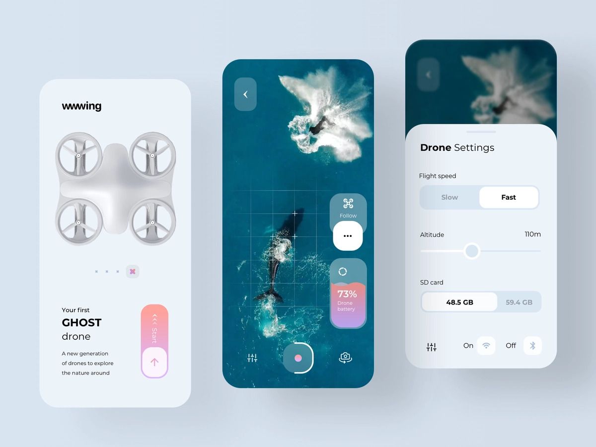 Drone developers tend to develop hardware fingerprinting as part of drone mobile apps for higher security levels (*image by [RD UX/UI](https://dribbble.com/rondesignlabuxui){ rel="nofollow" target="_blank" .default-md}*)