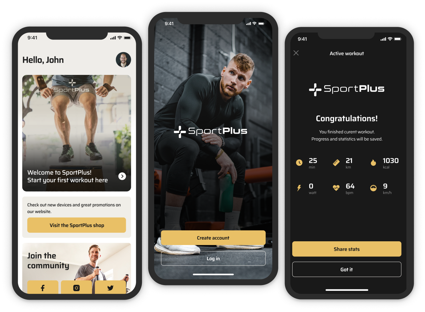 Screenshots of the Sport Plus app that supports BLE connection to fitness equipment