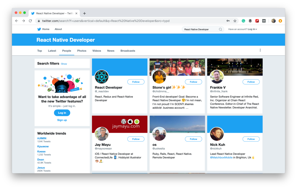 Twitter is also an option when you look for RN Developers (*shots from [Twitter](https://twitter.com/home){ rel="nofollow" .default-md}*)