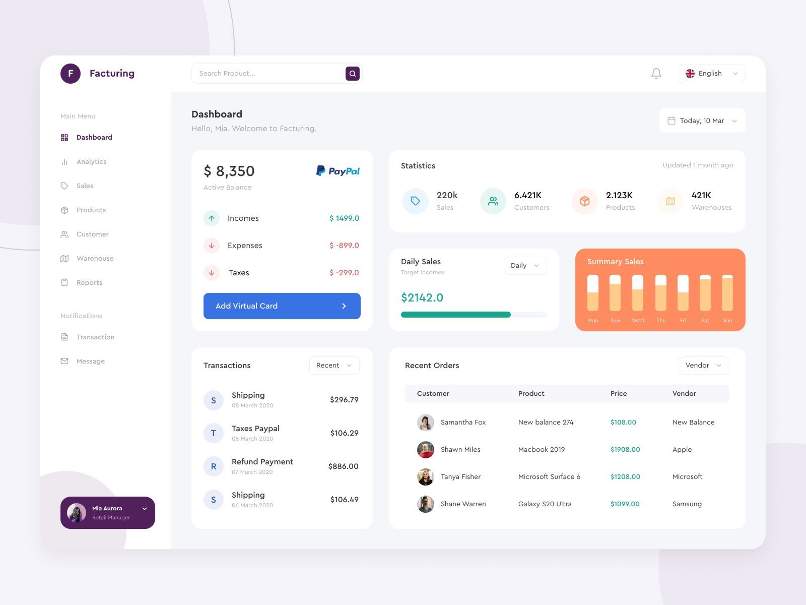 To create accounting software for e-Commerce, for example, you should have a well-developed invoices feature and financial turnover tracking (*image by [Barly Vallendito](https://dribbble.com/vallendito){ rel="nofollow" target="_blank" .default-md}*)