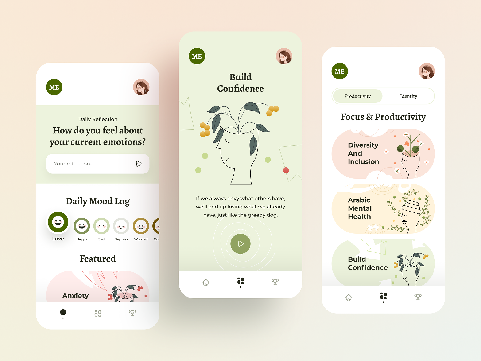 To develop a mental health app, you can add features for self help for anxiety, bipolar disorder, and online therapy with health professionals (*image by [Purrweb UI](https://dribbble.com/purrwebui){ rel="nofollow" target="_blank" .default-md}*)