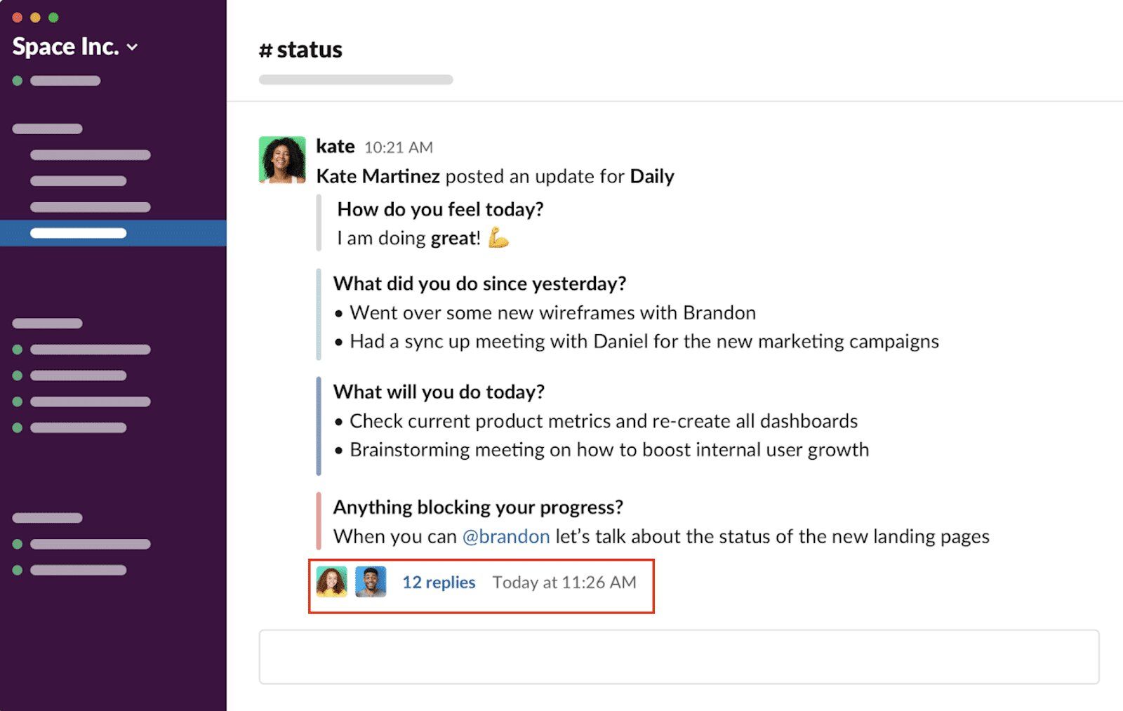 To have a proper understanding of each task progress and set the new ones for your remote workers - a daily team meeting is a necessity (*image by [Geekbot](https://geekbot.com/blog/asynchronous-scrum/){ rel="nofollow" target="_blank" .default-md}*)