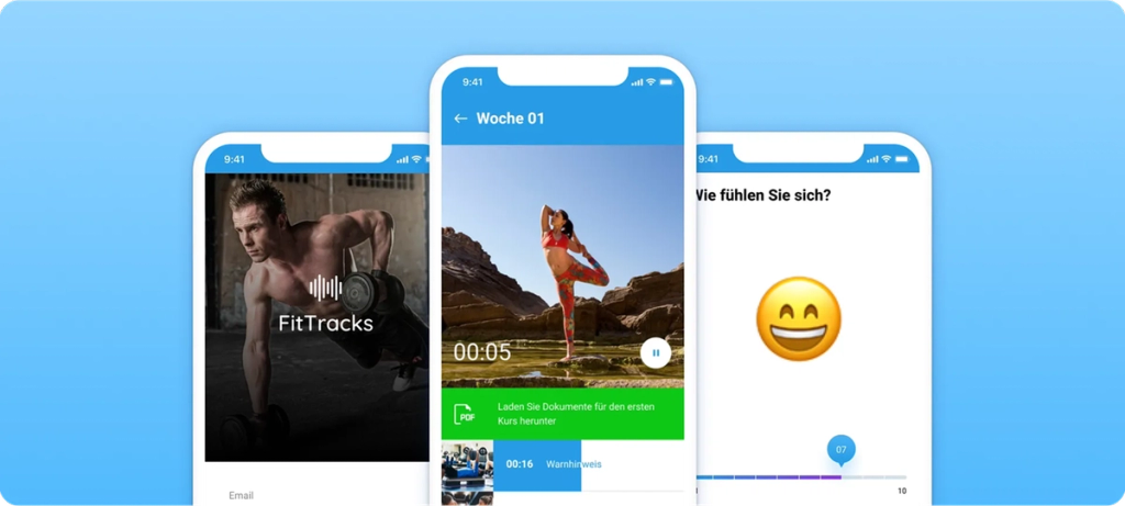 Screenshots of the FitTracks fitness app UI with workout programs