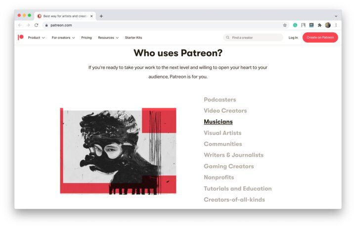 To start a crowdfunding platform, you can go for different crowdfunding niches and work with software development companies within the industry (*image by [Patreon](https://www.patreon.com/){ rel="nofollow" target="_blank" .default-md}*)