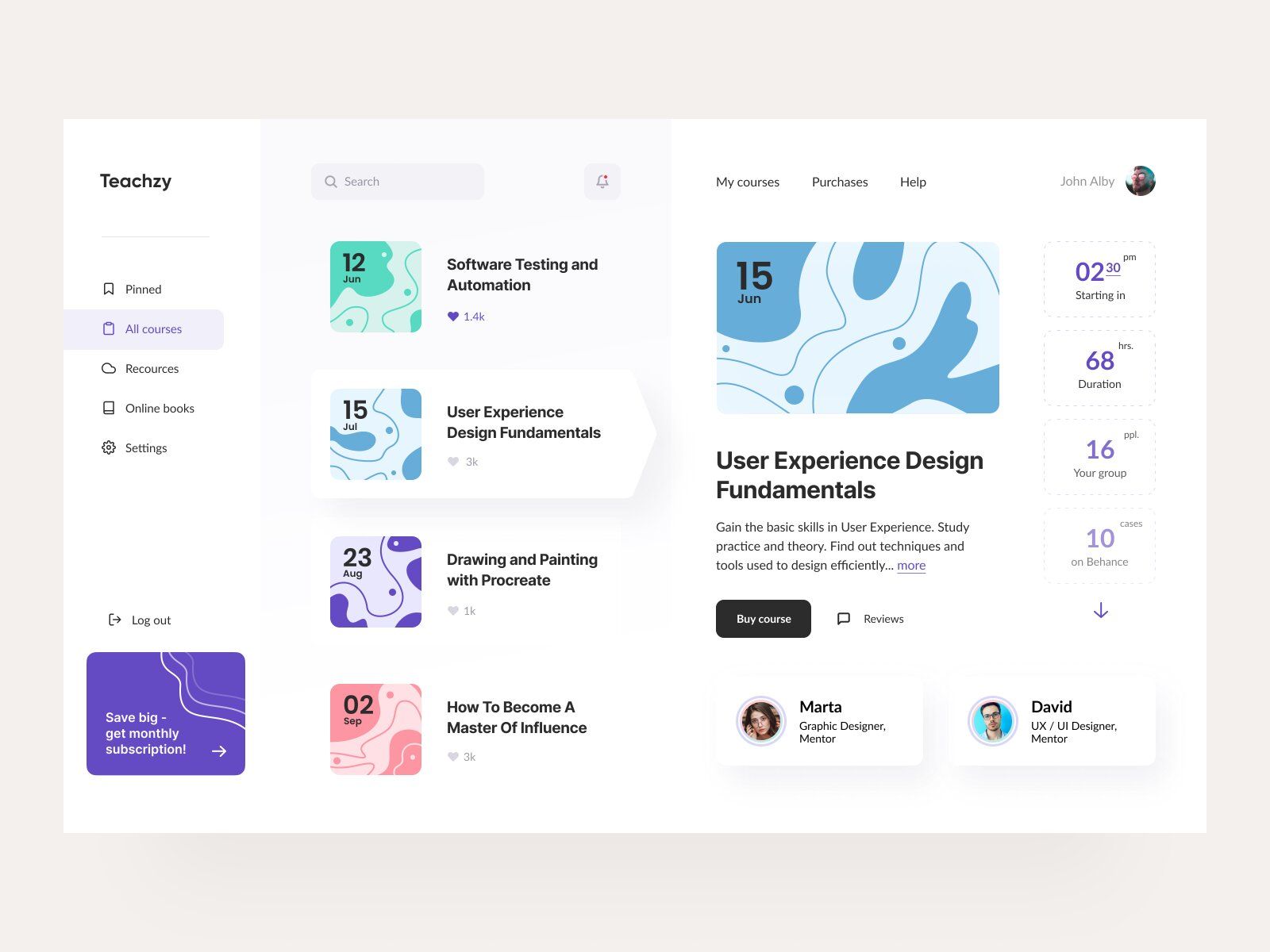 Marketplace website for selling courses (*image by [Daniella](https://dribbble.com/Daniellaa){ rel="nofollow" .default-md}*)