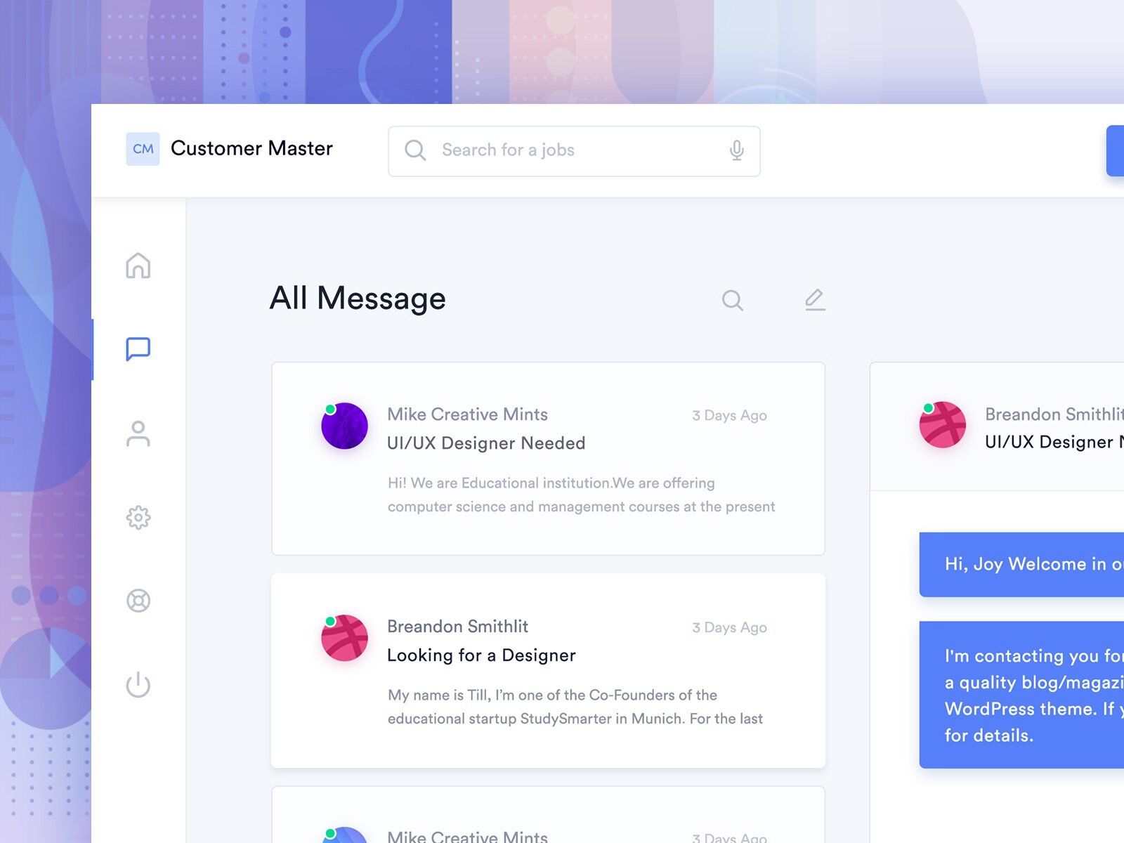 The chat example to build an online marketplace for services (*image by [Masudur Rahman](https://cdn.dribbble.com/users/443226/screenshots/5765783/customer_message_screen_wip.jpg){ rel="nofollow" target="_blank" .default-md}*)