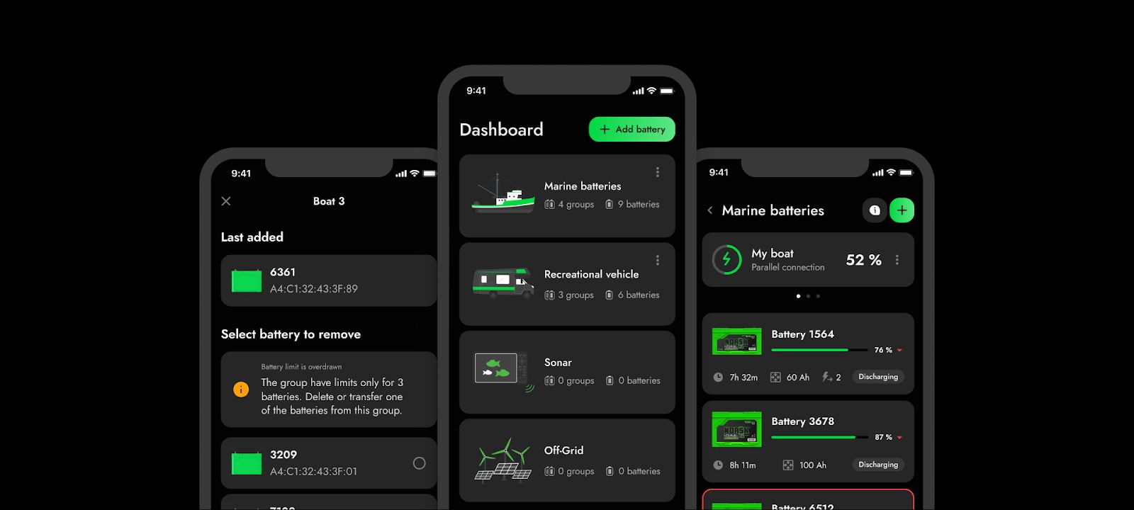 Screenshots of the Norsk Guardian app that connects to batteries via BLE protocol