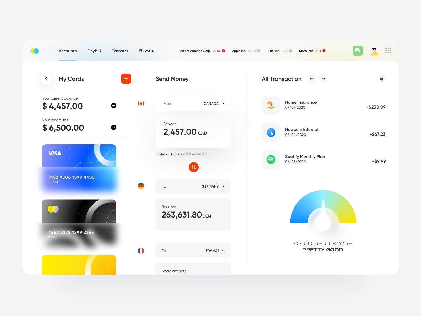 Banking web-based software should have a Home Screen with a user-friendly &amp; management system (*image by [Ariuka](https://dribbble.com/Ariuka_dsgn){ rel="nofollow" .default-md}*)